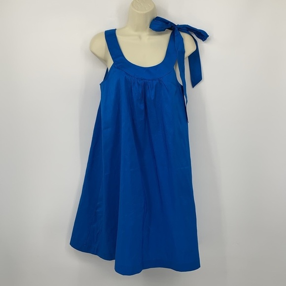 Theory Steffen A-line trapeze shift dress blue dupioni silk shoulder tie 4 - Picture 1 of 4